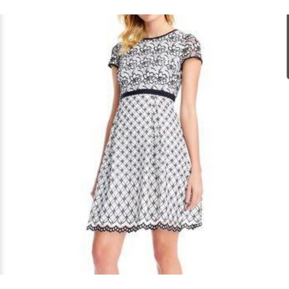Adrianna‎ Papell A-line Dress Sz 6 Floral Lace Overlay Ivory Black Short Sleeve - Picture 2 of 13